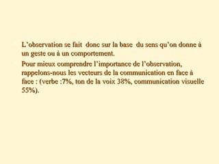  L’observation se fait donc sur la base du sens qu’on donne àL’observation se fait donc sur la base du sens qu’on donne à
un geste ou à un comportement.un geste ou à un comportement.
 Pour mieux comprendre l’importance de l’observation,Pour mieux comprendre l’importance de l’observation,
rappelons-nous les vecteurs de la communication en face àrappelons-nous les vecteurs de la communication en face à
face : (verbe :7%, ton de la voix 38%, communication visuelleface : (verbe :7%, ton de la voix 38%, communication visuelle
55%).55%).
 
