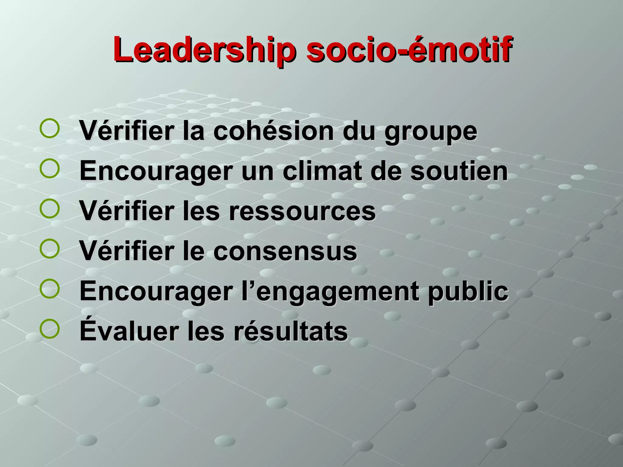 Leadership socio-émotif

   Vérifier la cohésion du groupe
   Encourager un climat de soutien
   Vérifier les ressources
   Vérifier le consensus
   Encourager l’engagement public
   Évaluer les résultats
 