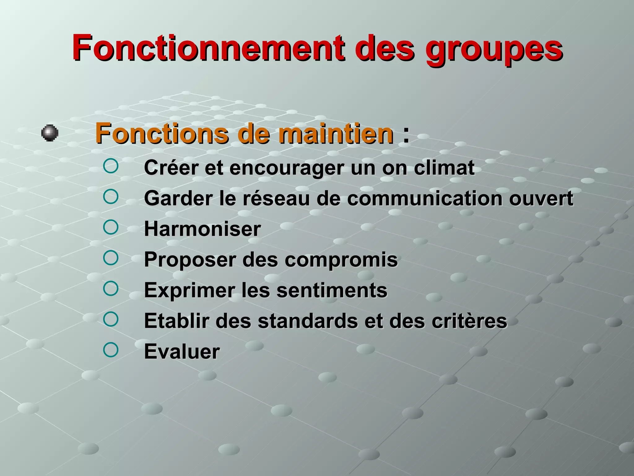 Fonctionnement des groupes

 Fonctions de maintien :
    Créer et encourager un on climat
    Garder le réseau de communication ouvert
    Harmoniser
    Proposer des compromis
    Exprimer les sentiments
    Etablir des standards et des critères
    Evaluer
 