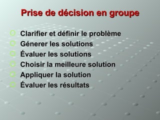 Prise de décision en groupe

   Clarifier et définir le problème
   Génerer les solutions
   Évaluer les solutions
   Choisir la meilleure solution
   Appliquer la solution
   Évaluer les résultats
 