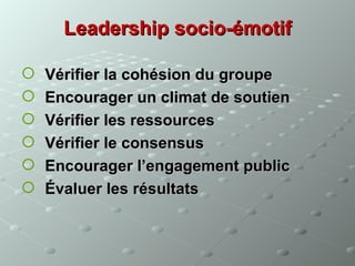 Leadership socio-émotif

   Vérifier la cohésion du groupe
   Encourager un climat de soutien
   Vérifier les ressources
   Vérifier le consensus
   Encourager l’engagement public
   Évaluer les résultats
 