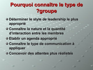 Pourquoi connaître le type de
          ?groupe
Déterminer le style de leadership le plus
approprié
Connaître la nature et la quantité
d’interaction entre les membres
Etablir un agenda approprié
Connaître le type de communication à
appliquer
Concevoir des attentes plus réalistes
 