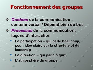 Fonctionnement des groupes

Contenu de la communication :
contenu verbal / Dépend bien du but
Processus de la communication:
façons d’interaction
   La participation – qui parle beaucoup,
    peu : idée claire sur la structure et du
    leadersip
   La direction – qui parle à qui?
   L’atmosphère du groupe
 