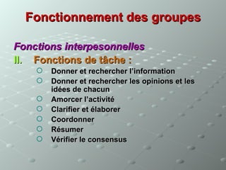 Fonctionnement des groupes

Fonctions interpesonnelles
II. Fonctions de tâche :
       Donner et rechercher l’information
       Donner et rechercher les opinions et les
        idées de chacun
       Amorcer l’activité
       Clarifier et élaborer
       Coordonner
       Résumer
       Vérifier le consensus
 