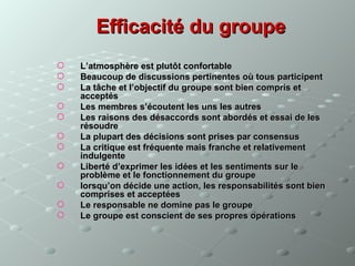 Efficacité du groupe
   L’atmosphère est plutôt confortable
   Beaucoup de discussions pertinentes où tous participent
   La tâche et l’objectif du groupe sont bien compris et
    acceptés
   Les membres s’écoutent les uns les autres
   Les raisons des désaccords sont abordés et essai de les
    résoudre
   La plupart des décisions sont prises par consensus
   La critique est fréquente mais franche et relativement
    indulgente
   Liberté d’exprimer les idées et les sentiments sur le
    problème et le fonctionnement du groupe
   lorsqu’on décide une action, les responsabilités sont bien
    comprises et acceptées
   Le responsable ne domine pas le groupe
   Le groupe est conscient de ses propres opérations
 