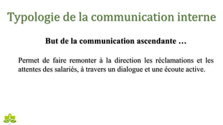 Typologie de la communication interne
But de la communication ascendante …
Permet de faire remonter à la direction les réclamations et les
attentes des salariés, à travers un dialogue et une écoute active.
 
