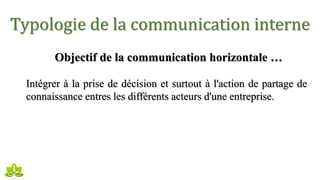 Typologie de la communication interne
Objectif de la communication horizontale …
Intégrer à la prise de décision et surtout à l'action de partage de
connaissance entres les différents acteurs d'une entreprise.
 