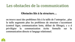 Les obstacles de la communication
Obstacles liés à la structure…
on trouve aussi des problèmes liés à la taille de l’entreprise , plus
la taille augmente plus les problèmes de structure s’accentuent
(control léger, communication lente, défaut de filtrage), c a d
privilégier la communication écrite formelle sur la
communication directe et langage relationnel.
 