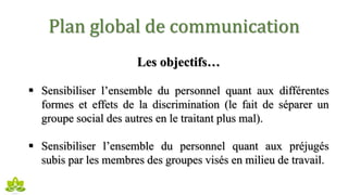 Plan global de communication
Les objectifs…
 Sensibiliser l’ensemble du personnel quant aux différentes
formes et effets de la discrimination (le fait de séparer un
groupe social des autres en le traitant plus mal).
 Sensibiliser l’ensemble du personnel quant aux préjugés
subis par les membres des groupes visés en milieu de travail.
 