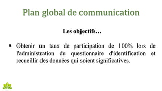 Plan global de communication
Les objectifs…
 Obtenir un taux de participation de 100% lors de
l'administration du questionnaire d'identification et
recueillir des données qui soient significatives.
 