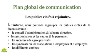 Plan global de communication
Les publics ciblés à rejoindre…
À l'interne, nous pouvons regrouper les publics cibles de la
façon suivante :
• le conseil d’administration & la haute direction.
• les gestionnaires et les cadres & le personnel.
• les membres des groupes visés
• les syndicats ou les associations d’employées et d’employés
• les différents comités
 