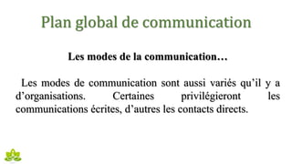 Plan global de communication
Les modes de la communication…
Les modes de communication sont aussi variés qu’il y a
d’organisations. Certaines privilégieront les
communications écrites, d’autres les contacts directs.
 