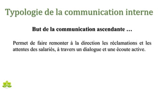 Typologie de la communication interne
But de la communication ascendante …
Permet de faire remonter à la direction les réclamations et les
attentes des salariés, à travers un dialogue et une écoute active.
 