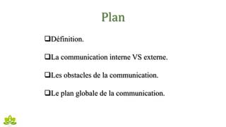 Plan
Définition.
La communication interne VS externe.
Les obstacles de la communication.
Le plan globale de la communication.
 