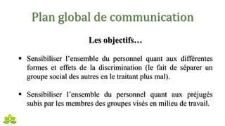 Plan global de communication
Les objectifs…
 Sensibiliser l’ensemble du personnel quant aux différentes
formes et effets de la discrimination (le fait de séparer un
groupe social des autres en le traitant plus mal).
 Sensibiliser l’ensemble du personnel quant aux préjugés
subis par les membres des groupes visés en milieu de travail.
 