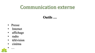 Communication externe
Outils …
• Presse
• Internet
• affichage
• radio
• télévision
• cinéma
• …
 