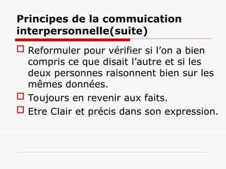 Principes de la commuication
interpersonnelle(suite)
 Reformuler pour vérifier si l’on a bien
compris ce que disait l’autre et si les
deux personnes raisonnent bien sur les
mêmes données.
 Toujours en revenir aux faits.
 Etre Clair et précis dans son expression.
 