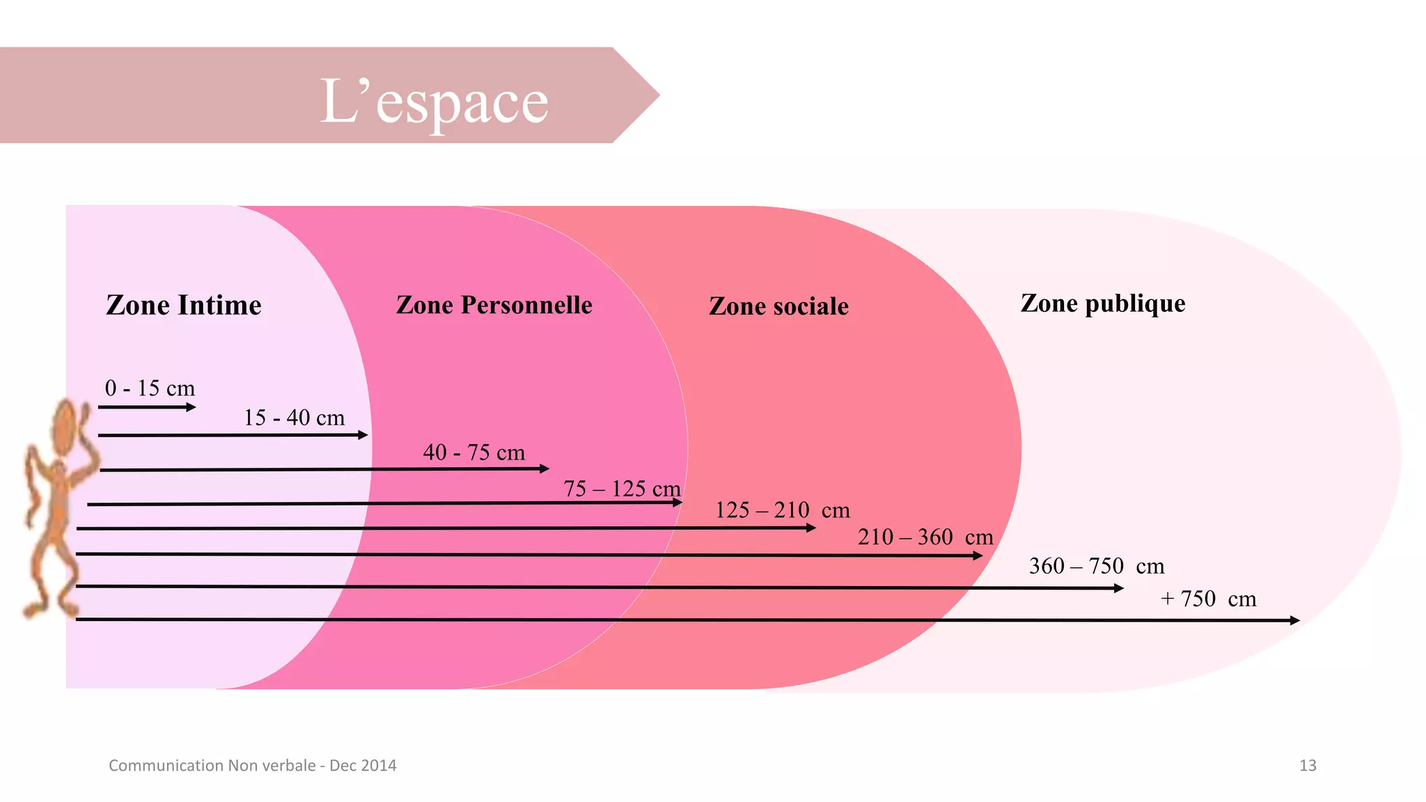 L’espace
13Communication Non verbale - Dec 2014
Zone Intime Zone Personnelle Zone sociale Zone publique
15 - 40 cm
0 - 15 cm
40 - 75 cm
75 – 125 cm
125 – 210 cm
210 – 360 cm
360 – 750 cm
+ 750 cm
 