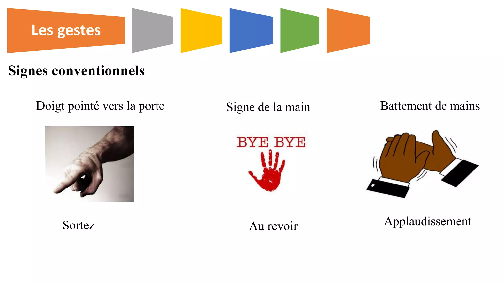 Doigt pointé vers la porte
Sortez
Signe de la main
Au revoir
Battement de mains
Applaudissement
Signes conventionnels
Les gestes
 