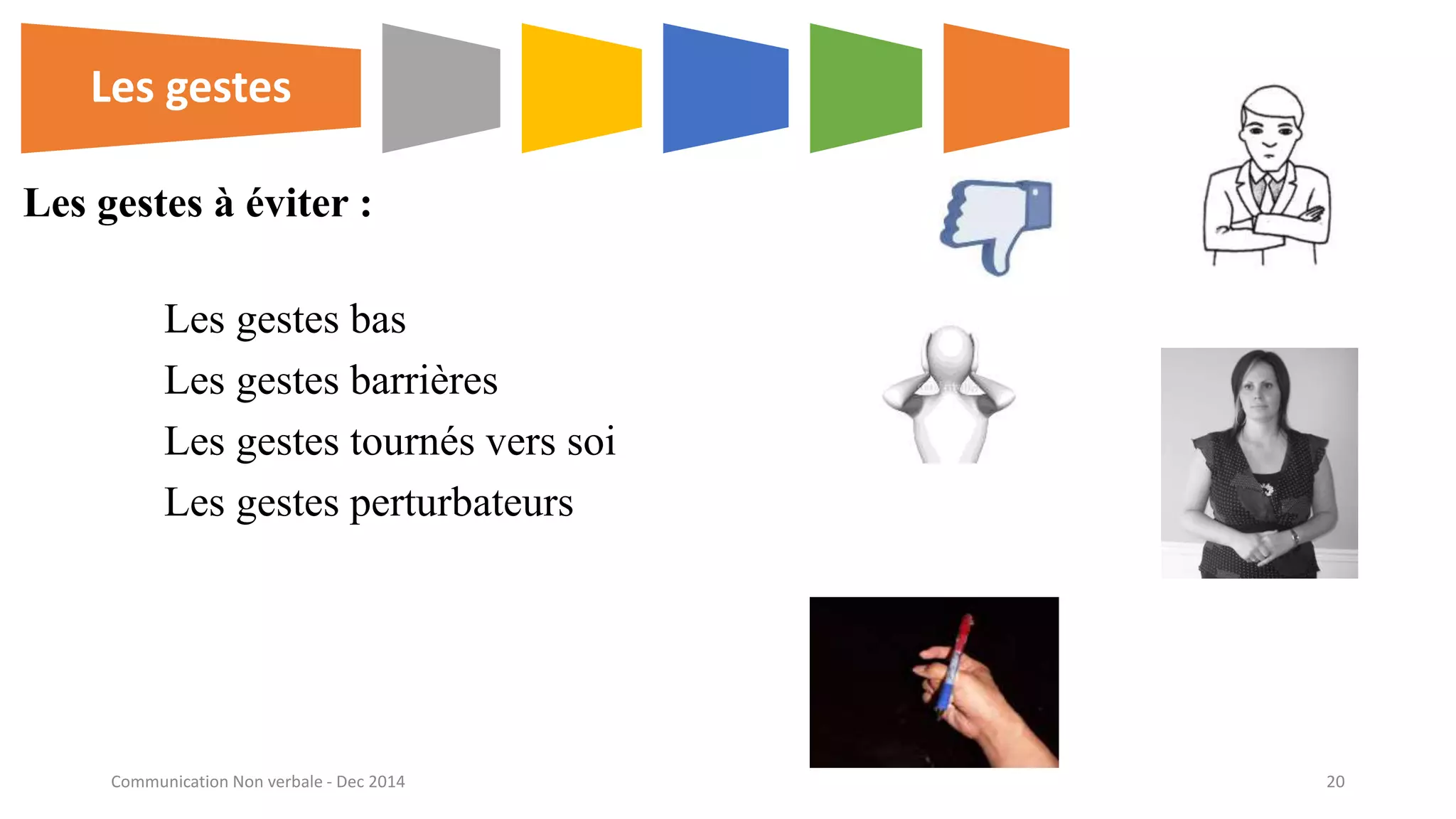 Les gestes bas
Les gestes barrières
Les gestes tournés vers soi
Les gestes perturbateurs
Les gestes à éviter :
Les gestes
Communication Non verbale - Dec 2014 20
 