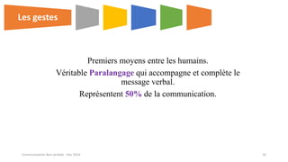 Premiers moyens entre les humains.
Véritable Paralangage qui accompagne et complète le
message verbal.
Représentent 50% de la communication.
Les gestesLes gestes
Communication Non verbale - Dec 2014 16
 