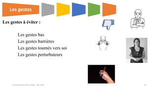 Les gestes bas
Les gestes barrières
Les gestes tournés vers soi
Les gestes perturbateurs
Les gestes à éviter :
Les gestes
Communication Non verbale - Dec 2014 20
 
