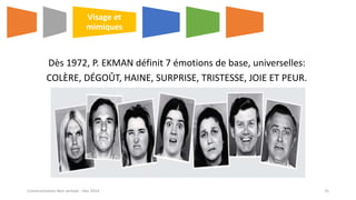 Dès 1972, P. EKMAN définit 7 émotions de base, universelles:
COLÈRE, DÉGOÛT, HAINE, SURPRISE, TRISTESSE, JOIE ET PEUR.
Visage et
mimiques
Communication Non verbale - Dec 2014 25
 