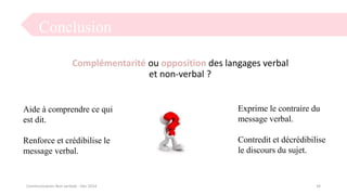 Conclusion
34Communication Non verbale - Dec 2014
Complémentarité ou opposition des langages verbal
et non-verbal ?
Aide à comprendre ce qui
est dit.
Renforce et crédibilise le
message verbal.
Exprime le contraire du
message verbal.
Contredit et décrédibilise
le discours du sujet.
 