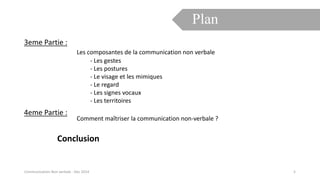 3eme Partie :
Les composantes de la communication non verbale
4eme Partie :
Comment maîtriser la communication non-verbale ?
- Les gestes
- Les postures
- Le visage et les mimiques
- Le regard
- Les signes vocaux
- Les territoires
Conclusion
Plan
5Communication Non verbale - Dec 2014
 