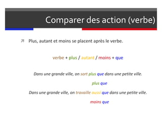 Comparer des action (verbe)
 Plus, autant et moins se placent après le verbe.
verbe + plus / autant / moins + que
Dans une grande ville, on sort plus que dans une petite ville.
plus que
Dans une grande ville, on travaille aussi que dans une petite ville.
moins que
 
