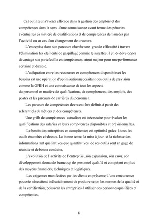 Cet outil peut s'avérer efficace dans la gestion des emplois et des
compétences dans le sens d'une connaissance avant terme des pénuries
éventuelles en matière de qualifications et de compétences demandées par
l’activité ou en cas d'un changement de structure.
    L’entreprise dans son parcours cherche une grande efficacité à travers
l'élimination des éléments de gaspillage comme le sureffectif et de développer
davantage son portefeuille en compétences, atout majeur pour une performance
certaine et durable.
    L’adéquation entre les ressources en compétences disponibles et les
besoins est une opération d'optimisation nécessitant des outils de prévision
comme la GPRH et une connaissance de tous les aspects
du personnel en matière de qualifications, de compétences, des emplois, des
postes et les parcours de carrières du personnel.
    Les parcours de compétences devraient être définis à partir des
référentiels de métiers et des compétences.
    Une grille de compétences actualisée est nécessaire pour évaluer les
qualifications des salariés et leurs compétences disponibles et prévisionnelles.
     Le besoin des entreprises en compétences est optimisé grâce à tous les
outils énumérés ci-dessus. La bonne tenue, la mise à jour et la richesse des
informations tant qualitatives que quantitatives de ses outils sont un gage de
réussite et de bonne conduite.
    L’évolution de l’activité de l’entreprise, son expansion, son essor, son
développement demande beaucoup de personnel qualifié et compétent en plus
des moyens financiers, techniques et logistiques.
     Les exigences manifestées par les clients en présence d’une concurrence
poussée nécessitent inéluctablement de produire selon les normes de la qualité et
de la certification, poussent les entreprises à utiliser des personnes qualifiées et
compétentes.



                                         17
 