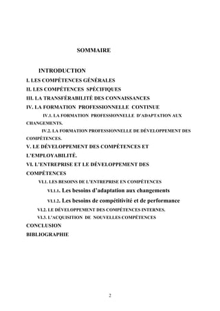 SOMMAIRE


    INTRODUCTION
I. LES COMPÉTENCES GÉNÉRALES
II. LES COMPÉTENCES SPÉCIFIQUES
III. LA TRANSFÉRABILITÉ DES CONNAISSANCES
IV. LA FORMATION PROFESSIONNELLE CONTINUE
     IV.1. LA FORMATION PROFESSIONNELLE D’ADAPTATION AUX
CHANGEMENTS.
     IV.2. LA FORMATION PROFESSIONNELLE DE DÉVELOPPEMENT DES
COMPÉTENCES.
V. LE DÉVELOPPEMENT DES COMPÉTENCES ET
L’EMPLOYABILITÉ.
VI. L’ENTREPRISE ET LE DÉVELOPPEMENT DES
COMPÉTENCES
    VI.1. LES BESOINS DE L’ENTREPRISE EN COMPÉTENCES

       VI.1.1.   Les besoins d’adaptation aux changements
       VI.1.2.   Les besoins de compétitivité et de performance
   VI.2. LE DÉVELOPPEMENT DES COMPÉTENCES INTERNES.
   VI.3. L’ACQUISITION DE NOUVELLES COMPÉTENCES
CONCLUSION
BIBLIOGRAPHIE




                                   2
 