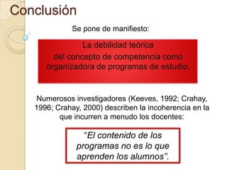 Conclusión
Se pone de manifiesto:

La debilidad teórica
del concepto de competencia como
organizadora de programas de estudio.

Numerosos investigadores (Keeves, 1992; Crahay,
1996; Crahay, 2000) describen la incoherencia en la
que incurren a menudo los docentes:

“El contenido de los
programas no es lo que
aprenden los alumnos”.

 
