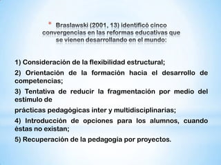 *

1) Consideración de la flexibilidad estructural;
2) Orientación de la formación hacia el desarrollo de
competencias;
3) Tentativa de reducir la fragmentación por medio del
estímulo de
prácticas pedagógicas inter y multidisciplinarias;
4) Introducción de opciones para los alumnos, cuando
éstas no existan;

5) Recuperación de la pedagogía por proyectos.

 
