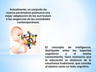 Actualmente, un conjunto de
nuevos parámetros promueve una
mejor adaptación de los currículum
a las exigencias de las sociedades
contemporáneas

El
concepto
de
inteligencia,
distribuido entre los soportes
cognitivos
y
el
mismo
conocimiento, hace necesario que
la educación se distancie de la
enseñanza tradicional, que concibe
al alumno como un todo cognitivo.

 