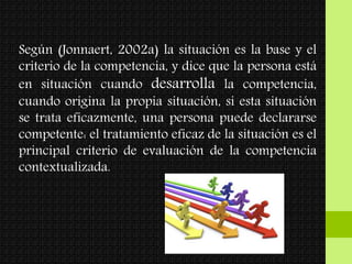 Según (Jonnaert, 2002a) la situación es la base y el
criterio de la competencia, y dice que la persona está
en situación cuando desarrolla la competencia,
cuando origina la propia situación, si esta situación
se trata eficazmente, una persona puede declararse
competente: el tratamiento eficaz de la situación es el
principal criterio de evaluación de la competencia
contextualizada.
 