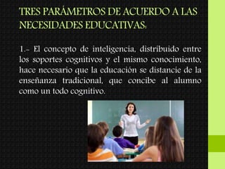 TRES PARÁMETROS DE ACUERDO A LAS
NECESIDADES EDUCATIVAS:
1.- El concepto de inteligencia, distribuido entre
los soportes cognitivos y el mismo conocimiento,
hace necesario que la educación se distancie de la
enseñanza tradicional, que concibe al alumno
como un todo cognitivo.
 