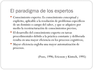 El paradigma de los expertos Conocimiento experto: Es conocimiento conceptual y explícito, aplicable a la resolución de problemas específicos de un dominio o campo del saber, y que se adquiere por medio la reestructuración de conocimientos previos; El desarrollo del conocimiento experto en tareas procedimentales debido a la práctica constante y deliberada resulta en una mayor eficiencia en los procesos cognitivos; Mayor eficiencia engloba una mayor automatización de procesos. (Pozo, 1996; Ericsson y Kintsch, 1995)  