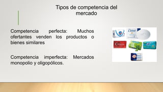 Tipos de competencia del
mercado
Competencia perfecta: Muchos
ofertantes venden los productos o
bienes similares
Competencia imperfecta: Mercados
monopolio y oligopólicos.
 