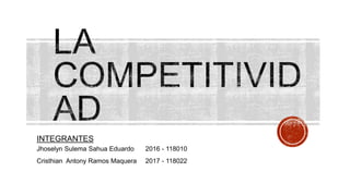 INTEGRANTES
Jhoselyn Sulema Sahua Eduardo 2016 - 118010
Cristhian Antony Ramos Maquera 2017 - 118022