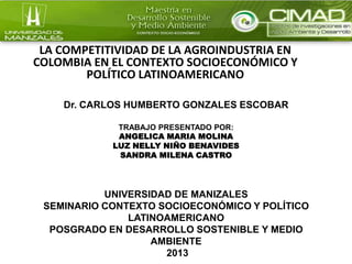 LA COMPETITIVIDAD DE LA AGROINDUSTRIA EN
COLOMBIA EN EL CONTEXTO SOCIOECONÓMICO Y
POLÍTICO LATINOAMERICANO
Dr. CARLOS HUMBERTO GONZALES ESCOBAR
TRABAJO PRESENTADO POR:
ANGELICA MARIA MOLINA
LUZ NELLY NIÑO BENAVIDES
SANDRA MILENA CASTRO

UNIVERSIDAD DE MANIZALES
SEMINARIO CONTEXTO SOCIOECONÓMICO Y POLÍTICO
LATINOAMERICANO
POSGRADO EN DESARROLLO SOSTENIBLE Y MEDIO
AMBIENTE
2013

 