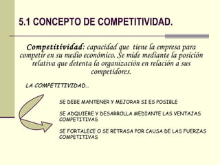 5.1 CONCEPTO DE COMPETITIVIDAD.  Competitividad : capacidad que  tiene la empresa para competir en su medio económico. Se mide mediante la posición relativa que detenta la organización en relación a sus competidores. LA COMPETITIVIDAD… SE DEBE MANTENER Y MEJORAR SI ES POSIBLE SE ADQUIERE Y DESARROLLA MEDIANTE LAS VENTAJAS COMPETITIVAS SE FORTALECE O SE RETRASA POR CAUSA DE LAS FUERZAS COMPETITIVAS 