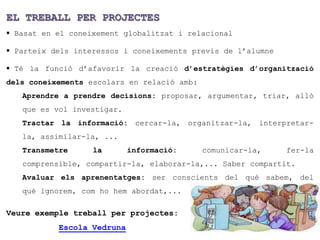 EL TREBALL PER PROJECTES
 Basat en el coneixement globalitzat i relacional

 Parteix dels interessos i coneixements previs de l’alumne

 Té la funció d’afavorir la creació d’estratègies d’organització
dels coneixements escolars en relació amb:
   Aprendre a prendre decisions: proposar, argumentar, triar, allò
   que es vol investigar.
   Tractar la informació: cercar-la, organitzar-la, interpretar-
   la, assimilar-la, ...
   Transmetre      la       informació:      comunicar-la,    fer-la
   comprensible, compartir-la, elaborar-la,... Saber compartit.
   Avaluar els aprenentatges: ser conscients del què sabem, del
   què ignorem, com ho hem abordat,...

Veure exemple treball per projectes:
           Escola Vedruna
 