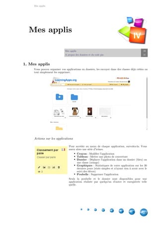 Mes applis
29
Mes applis 29
A propos des dossiers et du code pin 31
1. Mes applis
Vous pouvez organiser vos applications en dossiers, les envoyer dans des classes déjà créées ou
tout simplement les supprimer.
Actions sur les applications
Pour accéder au menu de chaque application, survolez-la. Vous
aurez alors une série d'icônes.
Crayon : Modifier l'application
Tableau : Mettre une photo de couverture
Dossier : Déplacer l'application dans un dossier (bleu) ou
une classe (orange)
Graphiques : Statistiques de votre application sur les 30
derniers jours (stats simples et n'ayant rien à avoir avec le
suivi des élèves)
Poubelle : Supprimer l'application
Seuls la poubelle et le dossier sont disponibles pour une
application réalisée par quelqu'un d'autre et enregistrée telle
quelle.
Mes applis
IV
 