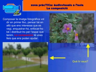 Composar la imatge fotogràfica vol dir en primer lloc, pensar bé en allò que ens interessa que es vegi, enquadrar-ho, enfocar-ho bé i distribuir-ho per l’espai que tenim.  La composició  té unes lleis que ens poden ajudar. zona pràcTICa: àudiovisuals a l’aula La composició Què hi veus? 