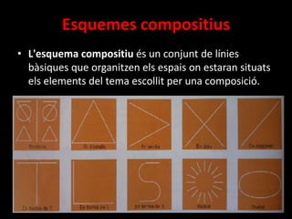 Esquemes compositius
• L'esquema compositiu és un conjunt de línies
bàsiques que organitzen els espais on estaran situats
els elements del tema escollit per una composició.

 
