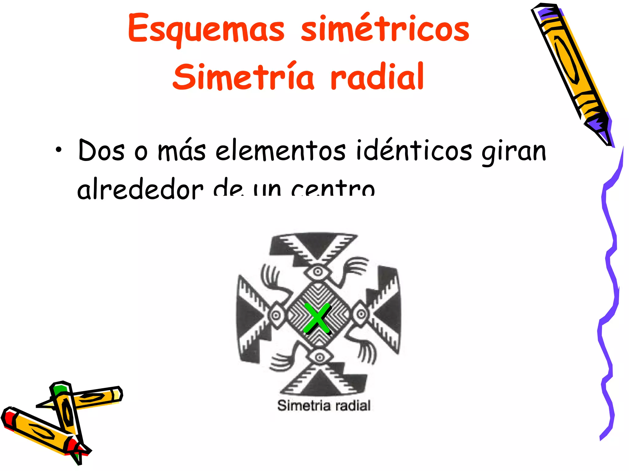 Esquemas simétricos   Simetría radial Dos o más elementos idénticos giran alrededor de un centro. X 