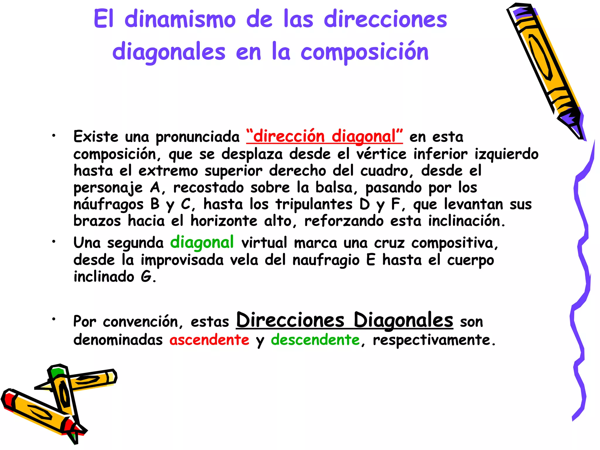 El dinamismo de las direcciones diagonales en la composición Existe una pronunciada  “dirección diagonal”  en esta composición, que se desplaza desde el vértice inferior izquierdo hasta el extremo superior derecho del cuadro, desde el personaje A, recostado sobre la balsa, pasando por los náufragos B y C, hasta los tripulantes D y F, que levantan sus brazos hacia el horizonte alto, reforzando esta inclinación. Una segunda  diagonal   virtual marca una cruz compositiva, desde la improvisada vela del naufragio E hasta el cuerpo inclinado G. Por convención, estas  Direcciones Diagonales  son denominadas  ascendente  y  descendente , respectivamente. 