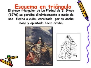 El grupo triangular de La Piedad de El Greco (1576) se percibe dinámicamente a modo de una  flecha o cuña, enraizada  por su ancha base y apuntada hacia arriba Esquema en triángulo 