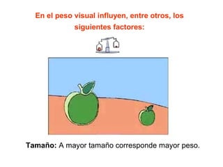 En el peso visual influyen, entre otros, los
             siguientes factores:




Tamaño: A mayor tamaño corresponde mayor peso.
 